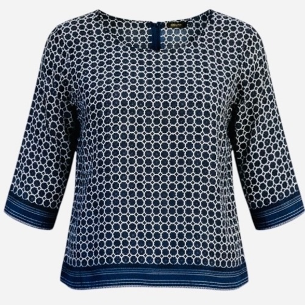 Cynthia Rowley Large Navy Geometric Medallion Blouse 3/4 Sleeve Border Print